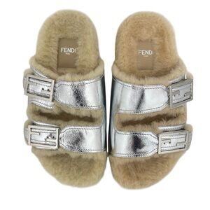 Fendi Feel Shearling Slides Silver Beige Size 37